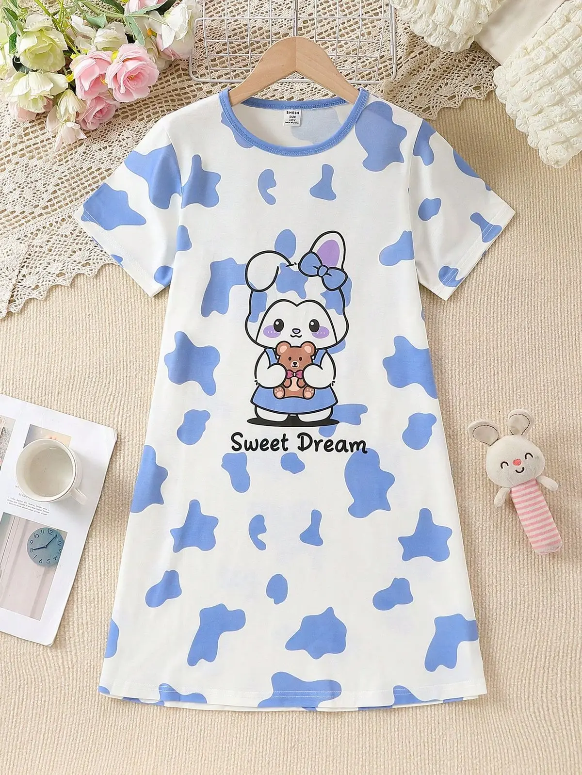 

Girls Simple Cute Short Sleeve Dress Rabbit Print Crew Neck Pajamas Casual Homewear