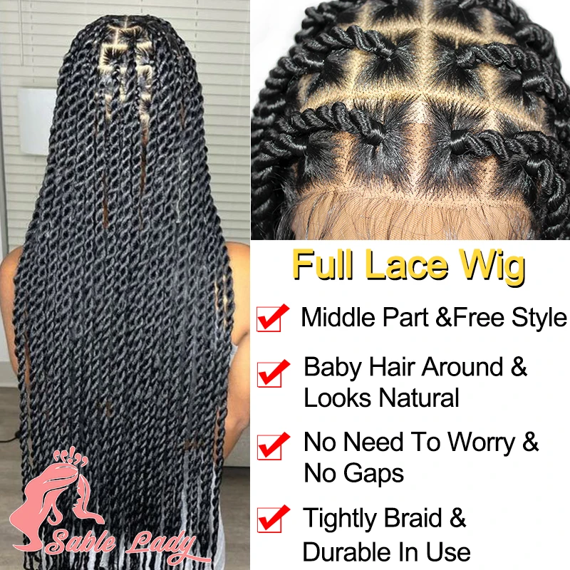 Peruca Sintética Full Lace Braid Goddess para mulheres negras, peruca de torção sem nós, tranças Jumbo Box, tranças senegalesas trançadas peruca, 36"