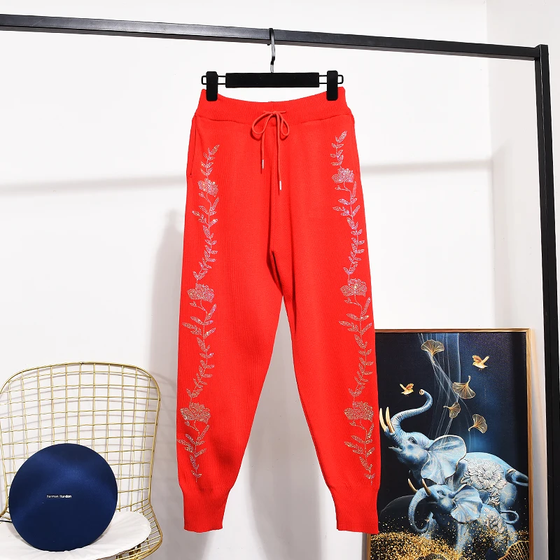 Red Knitted Two-piece Sets for Women Autumn Cartoon Hot Driilling Loose Pullover Top Casual Sweaters + Sports Harem Pants Suits