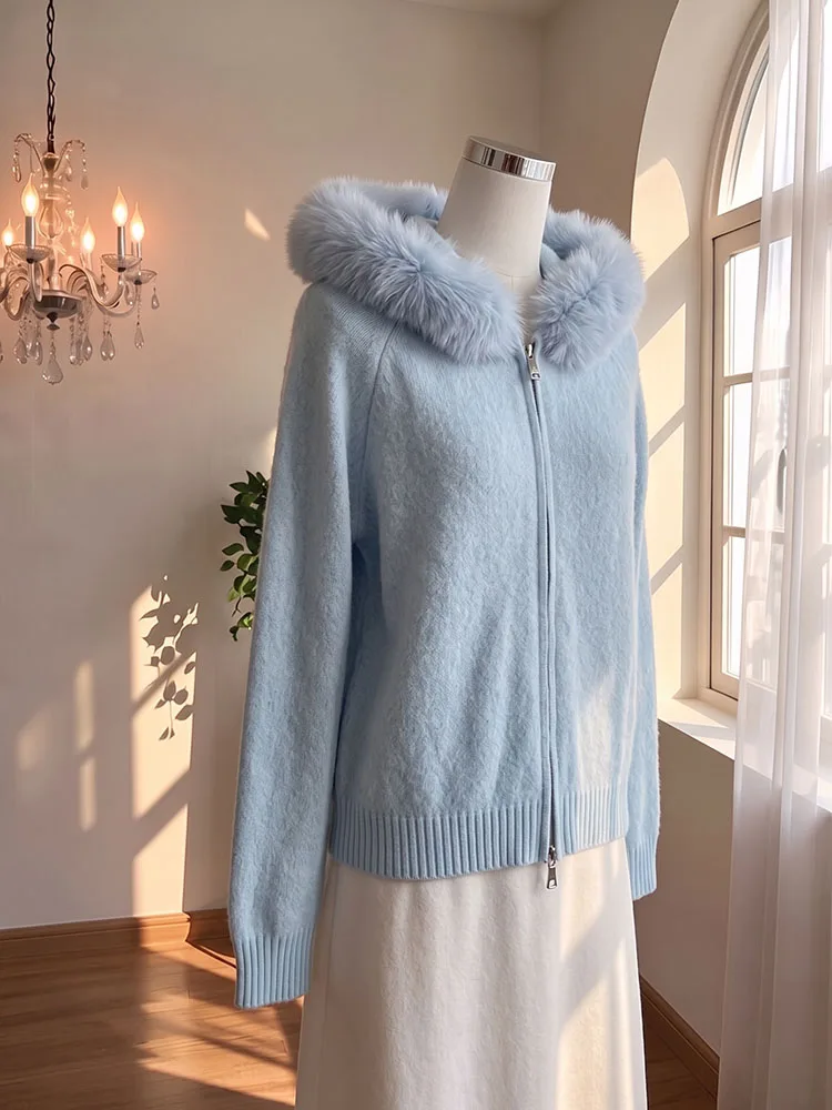 Sky Blue Soft Removable Faux Fur Collar Hooded Sweater For Women Warm Winter Long Sleeve Sweet Zipper Knit Top
