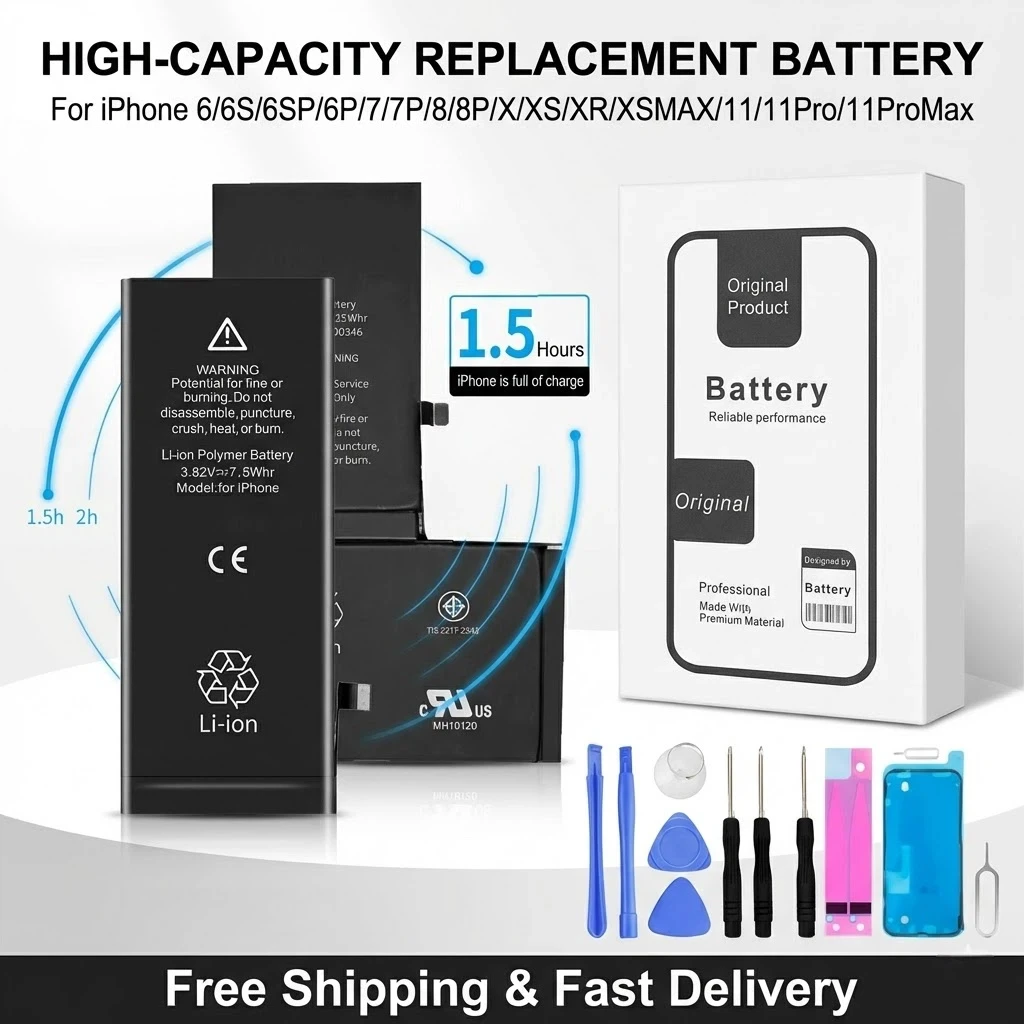 

2026 New Zero Cycle Phone Battery For iPhone 6 6S 7 8 Plus X XR XS Max 11 11Pro High Capacity Battery With Free Tools