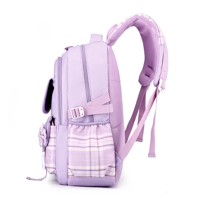 Purple Bow Knot School Bags For Kids Plaid Book Bag Pink Waterproof School Backpacks For Girls Large Capacity Kawaii Backpack