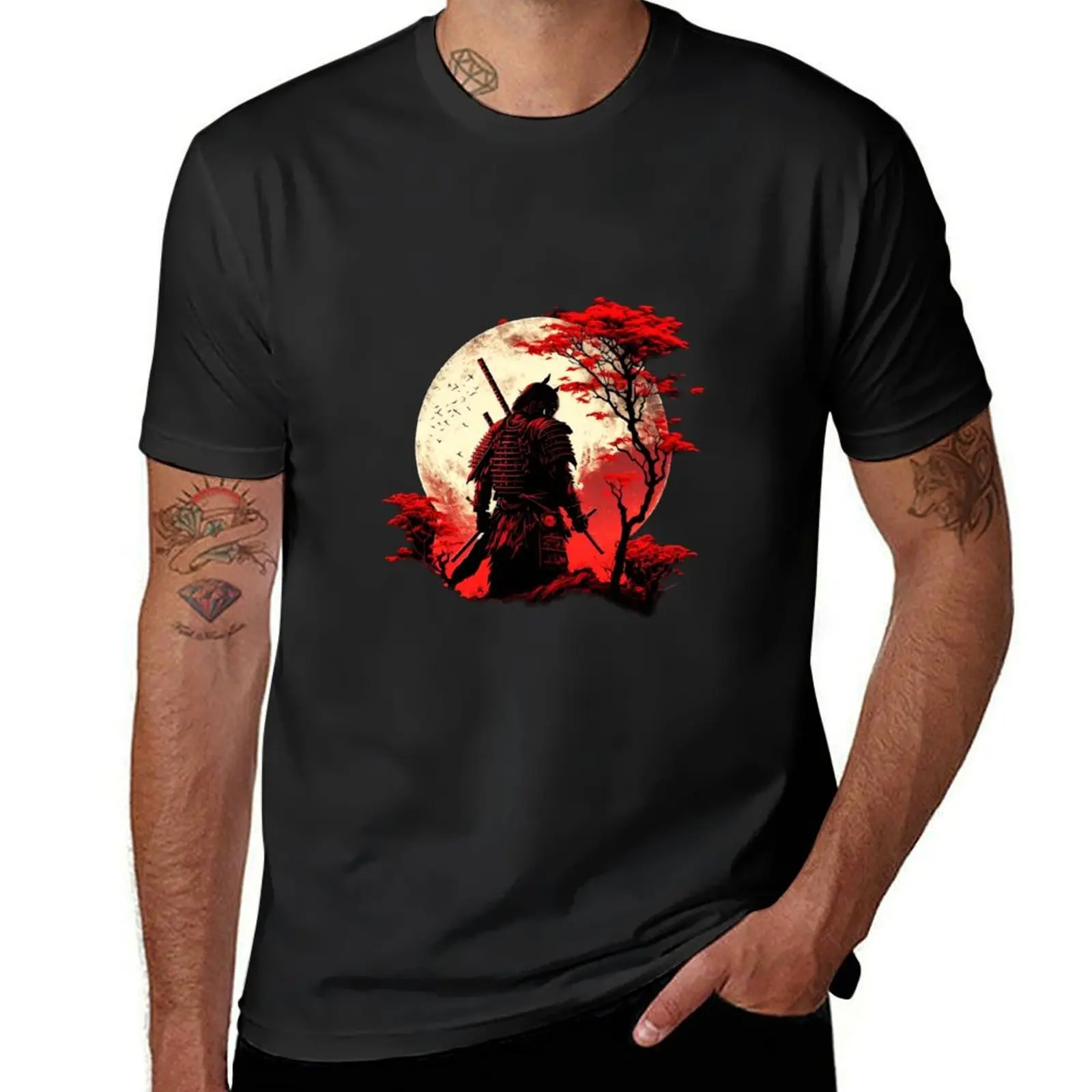 

Japanese Culture red moon Samurai Warrior bushido code T-Shirt hippie clothes Aesthetic clothing men graphic t shirts