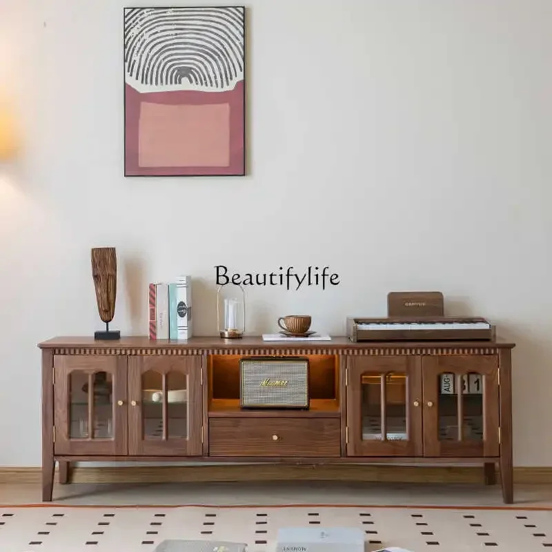 

01North American Black Walnut Wood french TV Cabinet All Solid Wood Living Room retro Storage Cabinet