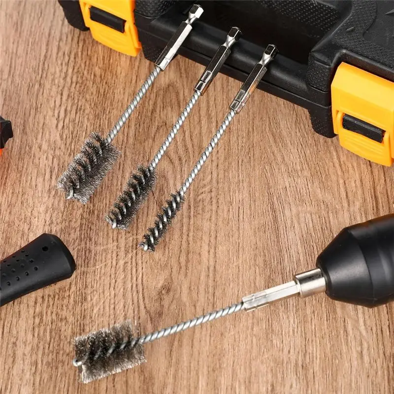AS60-4 Pcs Wire Brushes For Drill Stainless Steel Bore Brush Set 3/8In 1/2In 3/4In 7/8In For Drill Ports Tubes Bearings