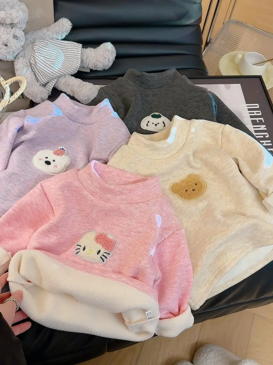 Thiened Wool Silk Base irt Autumn Winter Children's Thermal Top Girls Boys Warm Versatile Clothes Long Sve T-irt