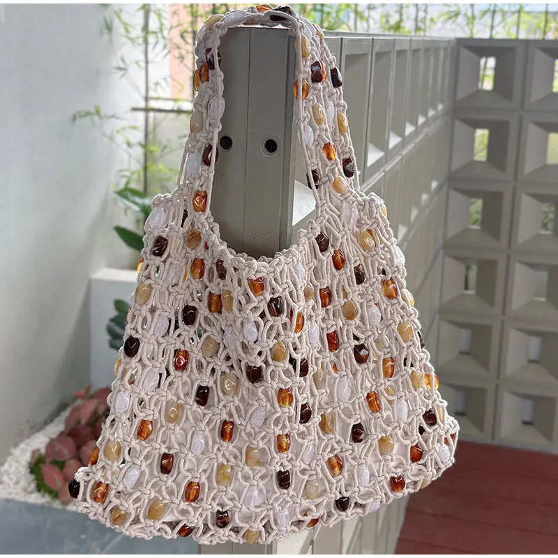 

Brand Beaded Woven Shoulder Bag Marble Texture Casual Handbag Fashionable Large Capacity Colorful Stone Mesh Bag Underarm Bag