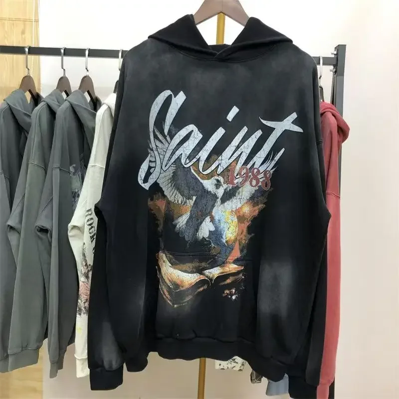 Youthful Vitality Street Sports Men Women Loose SAINT Hoodie American Vintage High Quality White Dove Print Saint Sweatshirts