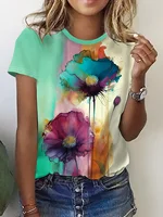 Lady T Shirts Crew Neck Short Sleeve Gradient Purple Flower Branch Print T Shirt Women's Outfits Casual Streetwear Cool Clothes 4