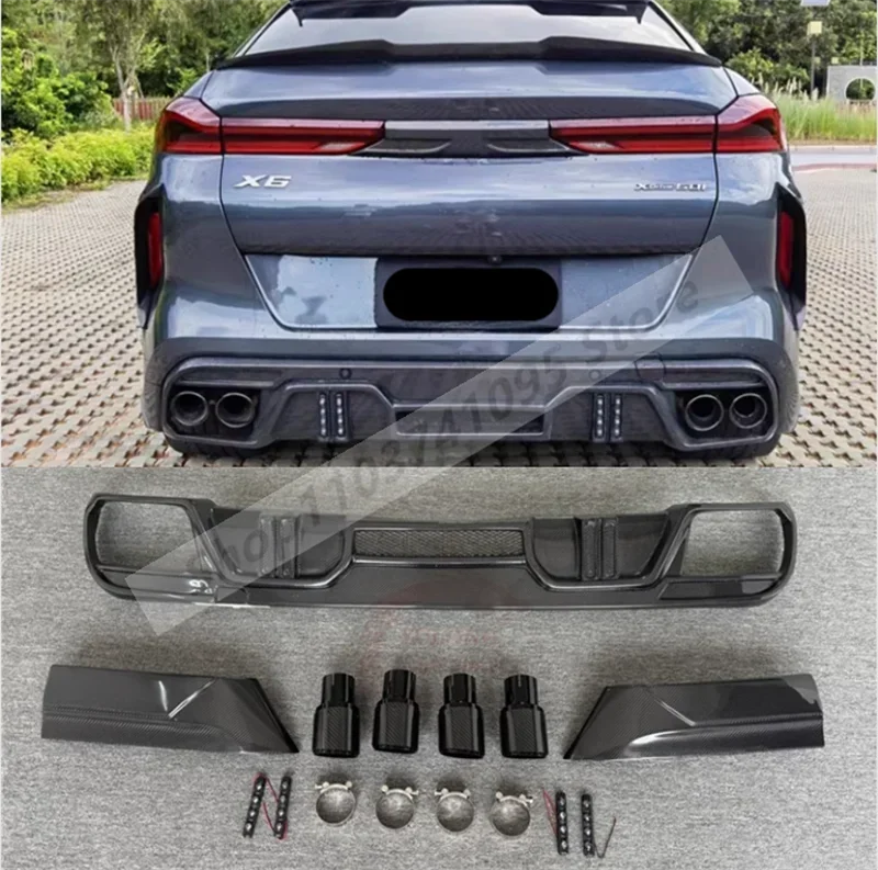 Real Carbon Fiber Rear Bumper Trunk Door Diffuser Lid Spoiler Exhaust Tips For BMW X6 X6M F96 2019-2024 LD Style