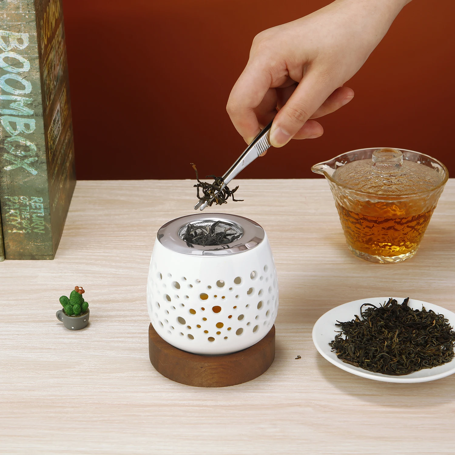 Keramik-Kerzenhalter, Aromatherapie-Heizhalter für Kräuter, Aromatherapie-Räuchergefäß mit Holzsockel für Yoga SPA – Detail 4