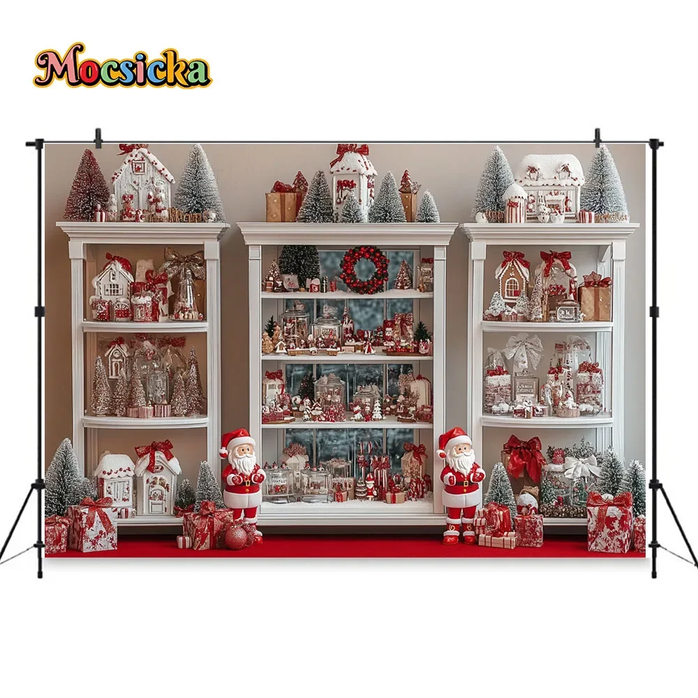 Red Christmas Kitchen Background Photography Santa Candy Bar Cabinet Gingerbread Man Cookies Xmas Tree Backdrop Kids Photo Decor