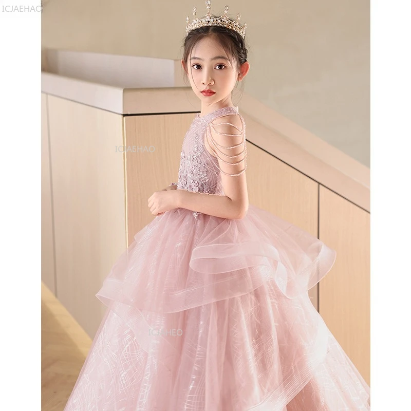 

Pink Children Girls Birthday Princess Dress Flower Girl Wedding GownFormal Celebration Clothes Piano Performance Host Pageant