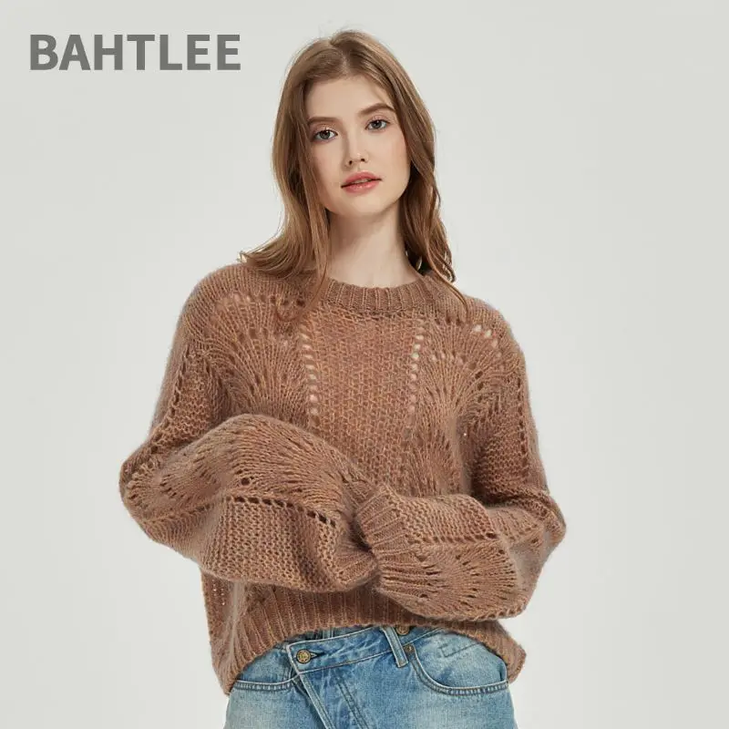 BAHTLEE-Women\'s Lantern Sleeves Knitted Sweater, Loose Pullover, Short Wool Jumper, Hollow Out, Autumn, Winter