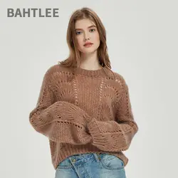 BAHTLEE-Women's Lantern Sleeves Knitted Sweater, Loose Pullover, Short Wool Jumper, Hollow Out, Autumn, Winter