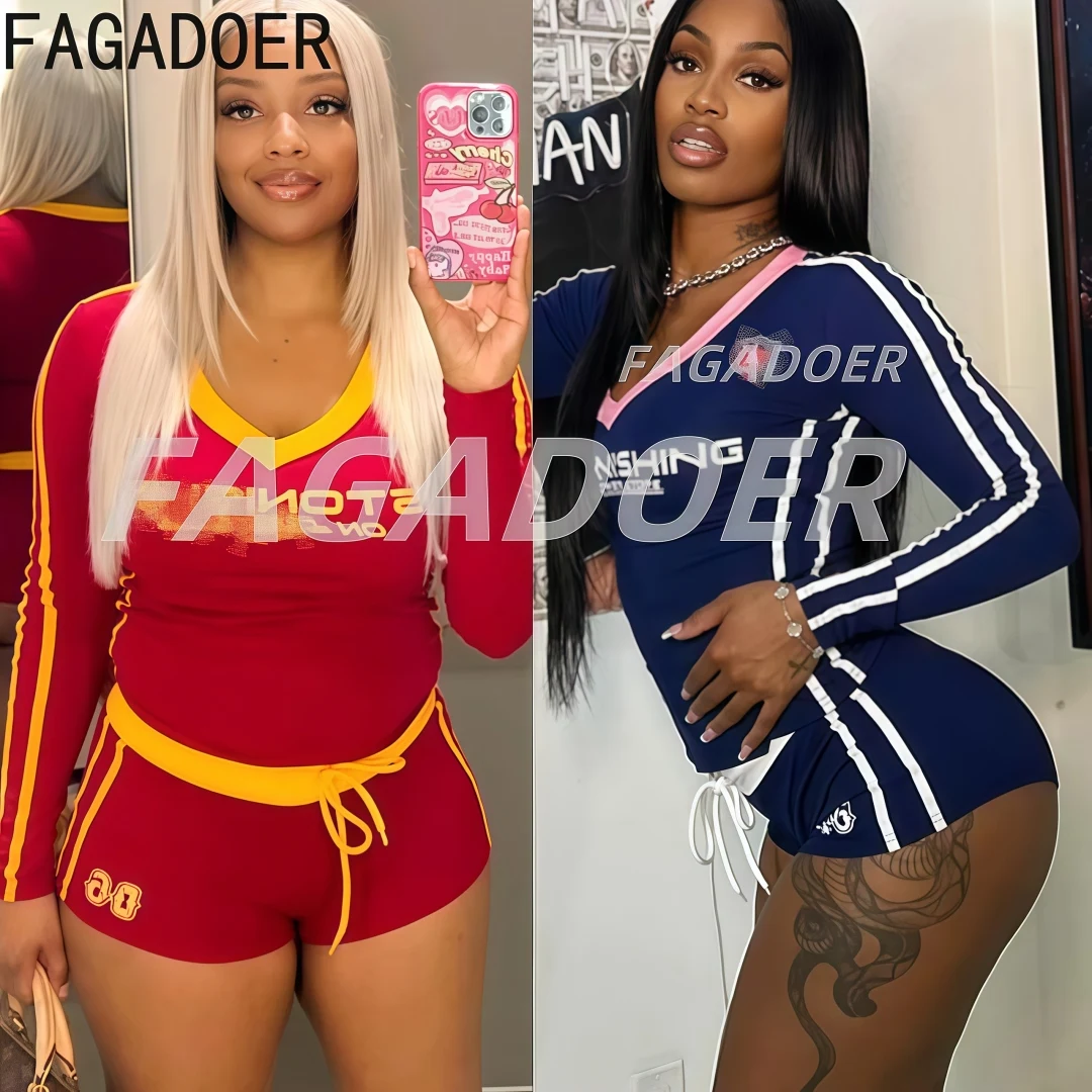 

FAGADOER Retro Y2K Cute Letter Print 2 Piece Sets Women Outfit Long Sleeve Top + Drawstring Sporty Shorts Suit Female Streetwear