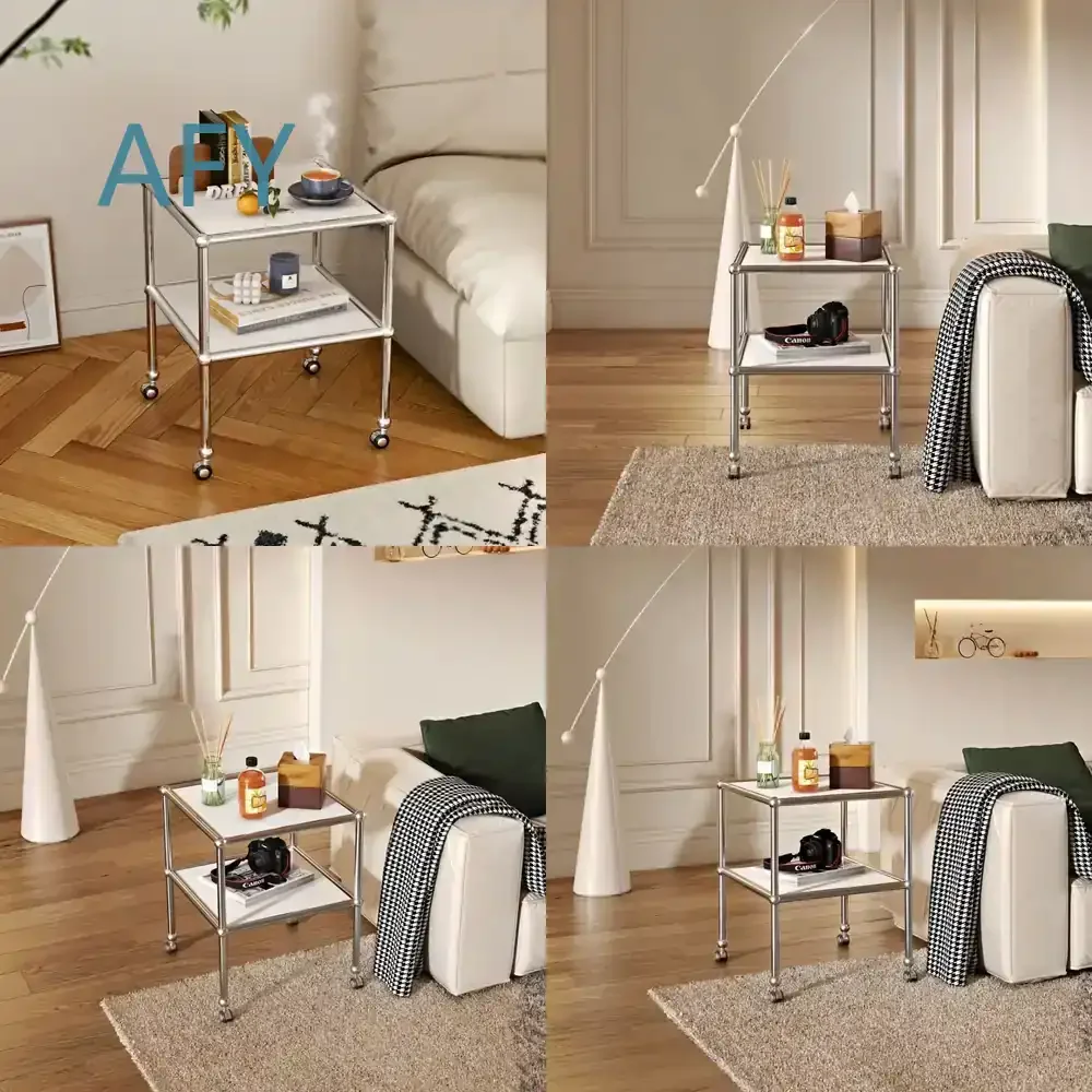 Mid-Century Stainless Steel Rolling Cart for Home Office Bedroom Living Room 2-Tier Mobile Sofa Side Table Bedside Table