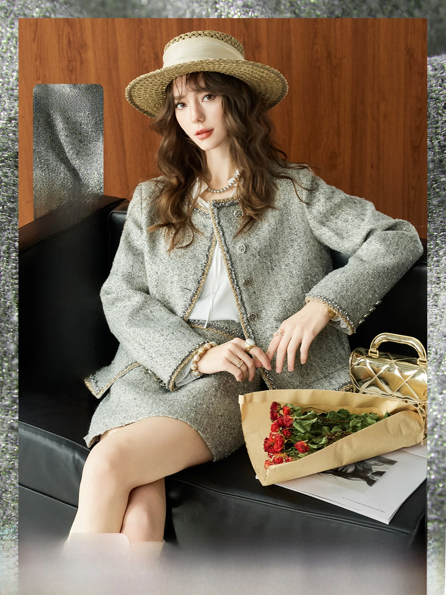 

NAGUAGU Short Woolen Coat And Skirt Set for Women Crisp Paris Fragrance Coarse Tweed Spring Fashion Outerwear Ensemble