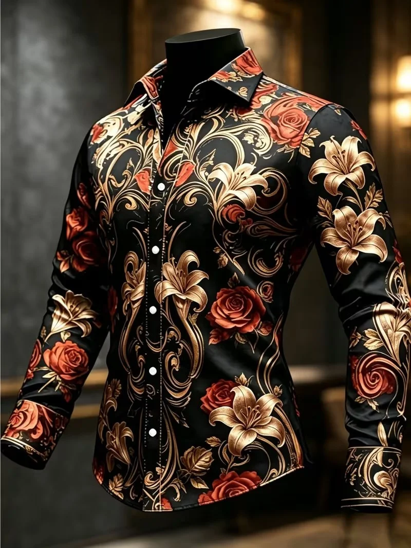 New Black Gold Red Rose Lily Men's 3D Printed Long Sleeve Shirt Baroque Gorgeous Flower Slimming Shirt