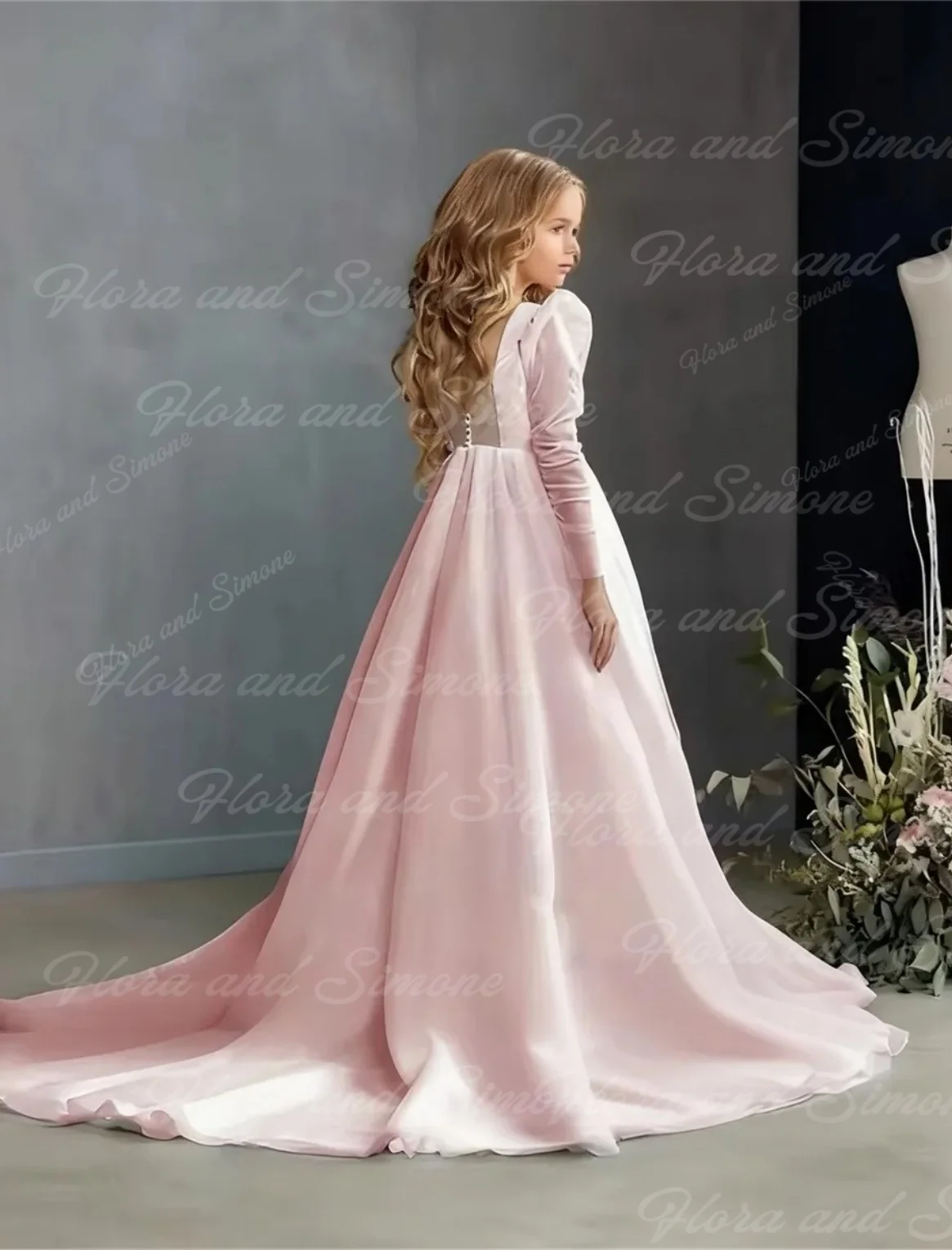 Розовое платье с цветочным узором для девочек по индивидуальному заказу на свадьбу, тюлевое блестящее детское платье с длинными рукавами, подарок на день рождения, вечерние бальные платья для первого причастия