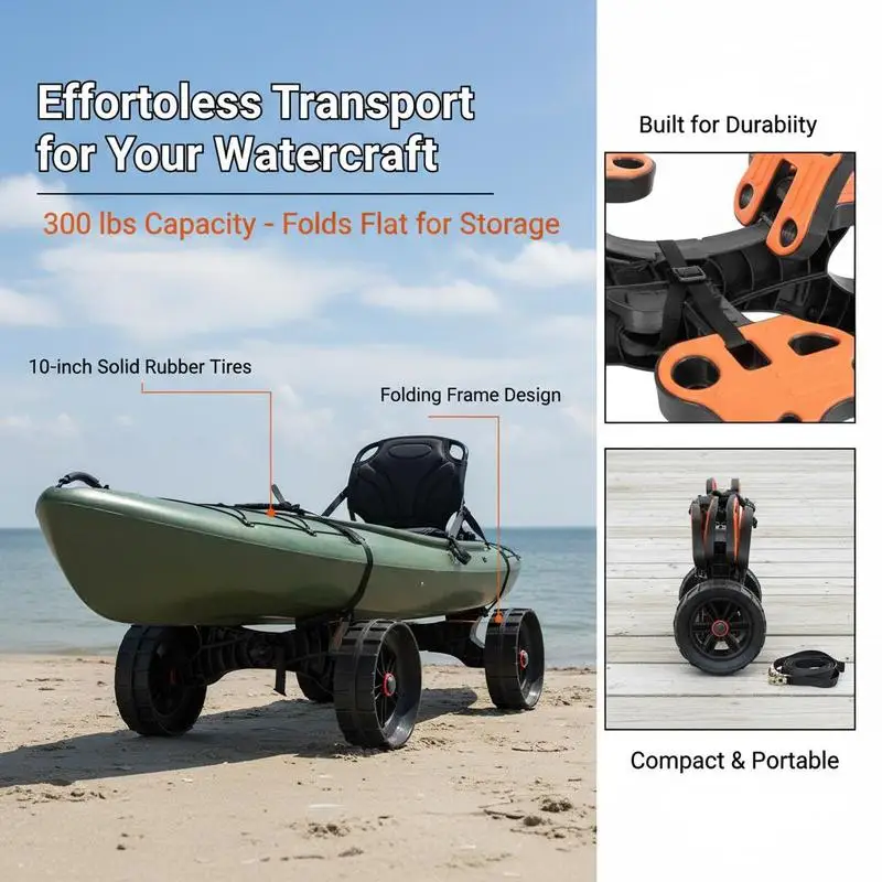 Chariot à kayak, 136 kg, chariot à canoë pliable avec pneus en caoutchouc massif de 25,4 cm et 1 sangle à cliquet, chariot pour bateau pour le transport de kayaks, canoës, paddleboards, jon boats, équipements de sports nautiques, 615x325x320 mm
