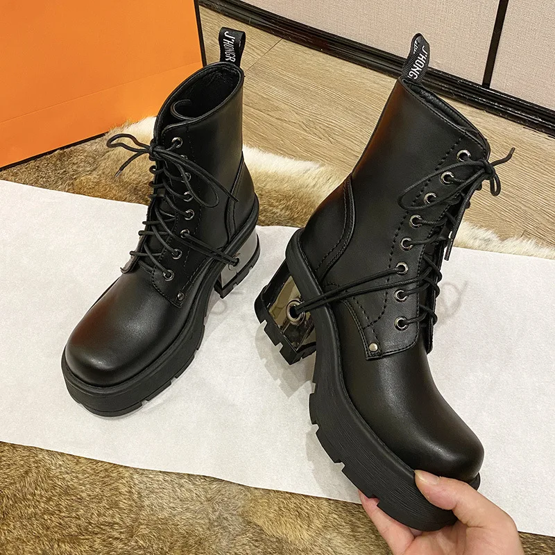 

Retro Women Mid-calf Motorcycle Boots Punk Black Metal Chunky Heel Platfrom Ladies Pumps Female Desigh Lace-up Chelsae Shoes
