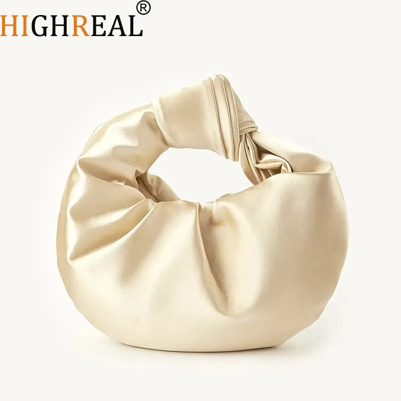 Fashion Solid Color Trend Tote Handbag Round Circular Purse Satin Cloud Bag Knotted Hand-held for Lady Wedding Banquet Purse