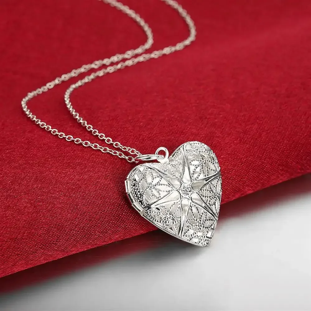 Hot 925 Sterling Silver Pattern Heart Photo Frame Pendant Necklace For Women Luxury Christmas Gift Fashion Party Wedding Jewelry