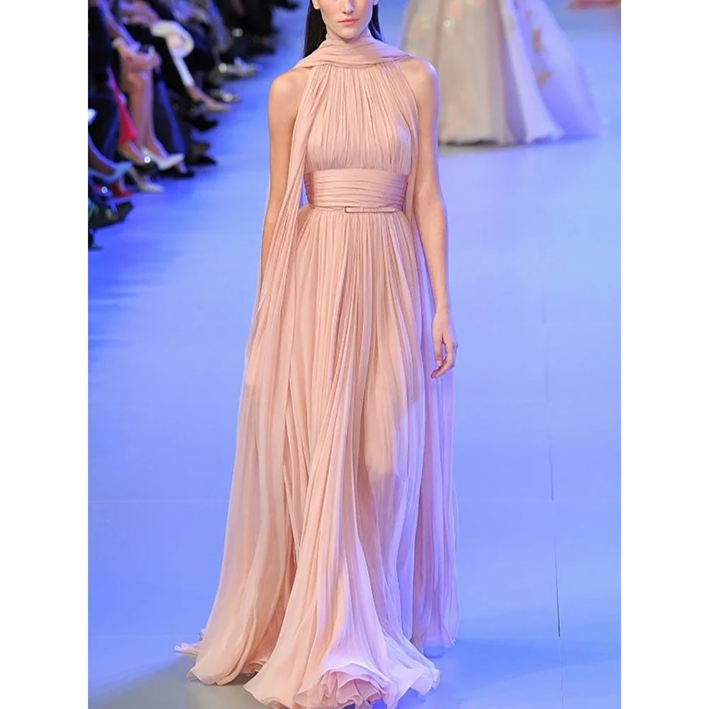 

Classic Chiffon Evening Dress High Collar Sleeveless Elegant Fashion A-Line Dress Vestido De Noche Red Carpet Event Prom Gown