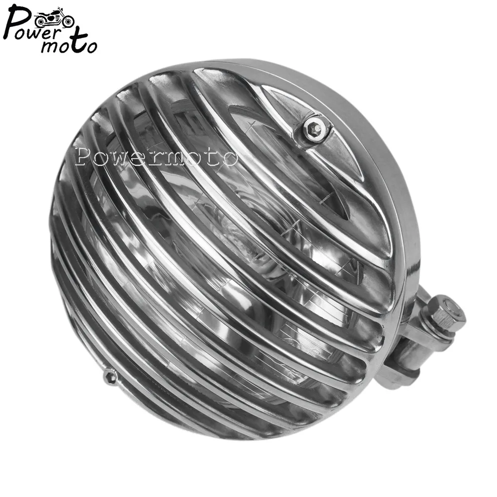 Motorcycle Aluminum High/ Low Beam Head Lamp w/ Grille Headlight For Harley Bobber Chopper Cafe Racer Polish Grilled Headlamp