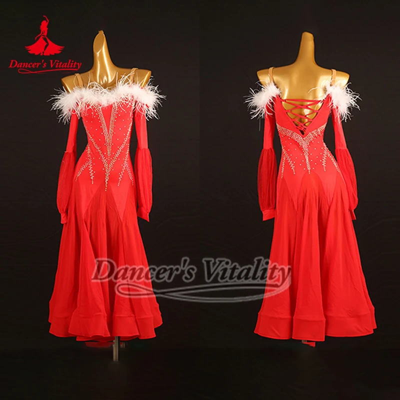 Vestido de baile Social con plumas y mangas largas con hombros descubiertos y piedras AB rojas para adultos, ropa para practicar y realizar vals vienés