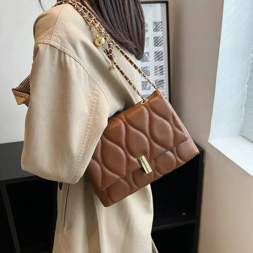 Chain Quilted Shoulder Side Bags For Women 2024 Trend PU Leather Flap Crossbody Bag Square Ladies Handbags Brown Beige