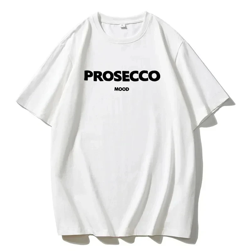 Prosecco Mood Letter Print T-shirt Cotton Summer Breathable T-shirt Vintage Minimalist Style Fashion Women\'s Street Retro Tops