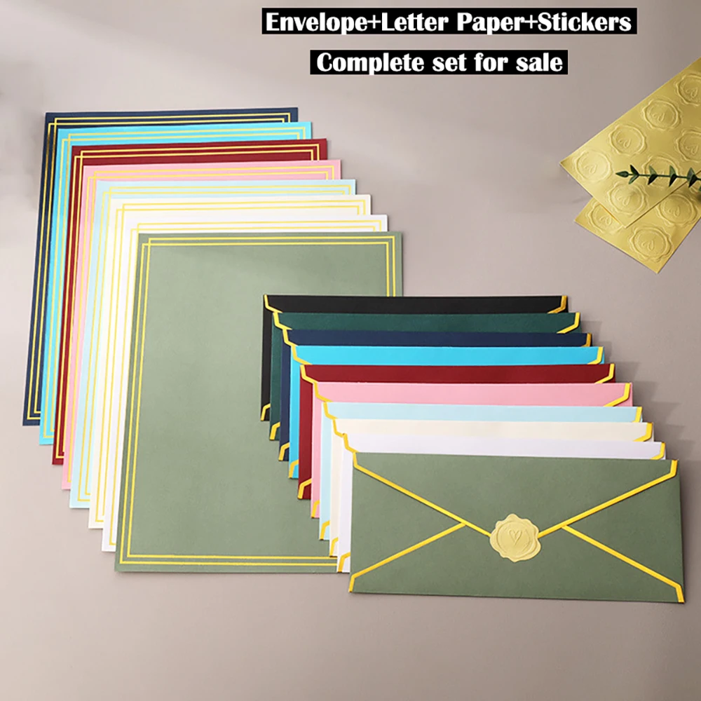 50Pcs Hot Gold Border Envelope 105x240mm Paper Envelope with Letter Wedding Invitation Business Greeting Cards Set with Stickers