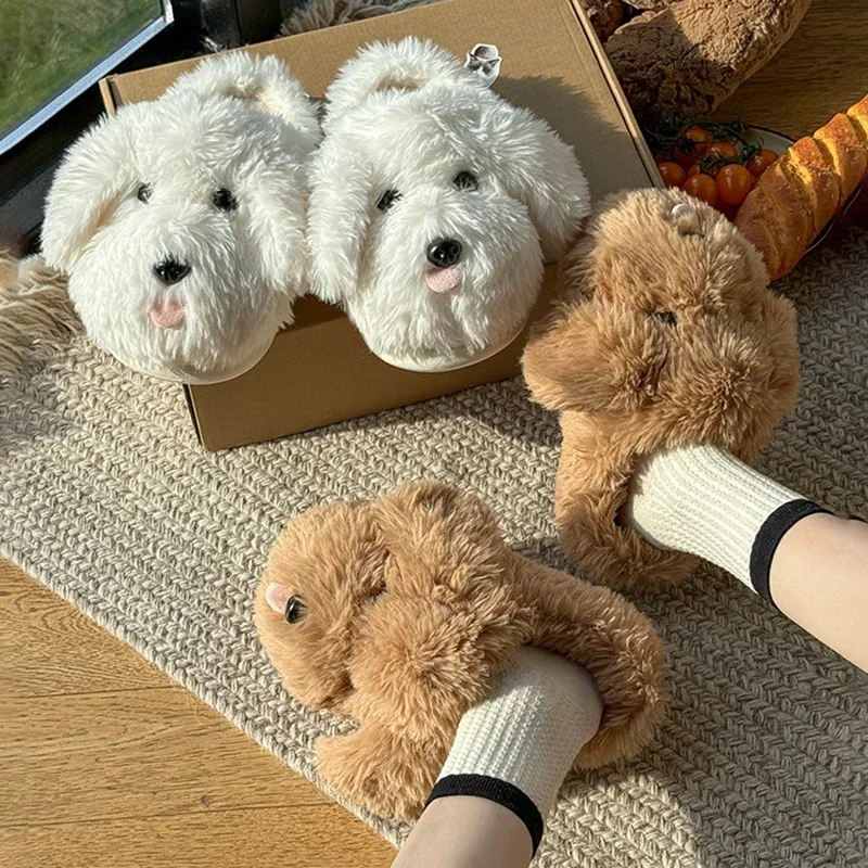Women's Home Slippers Fluffy Cartoon Winter Cute Plush Luxury Designer Woman Shoes Flats Indoor Casual Fuzzy Fur Slides Elegant