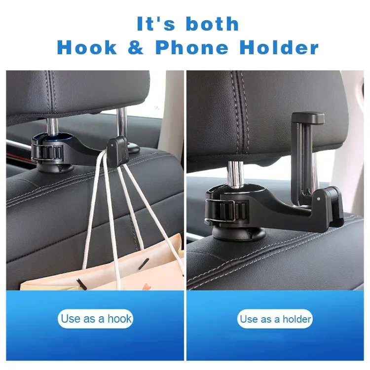 Car Headrest Hook with Phone Holder, Universal 360° Rotation Car Seat Hooks for Purses and Bags, Storage Organizer Accessories