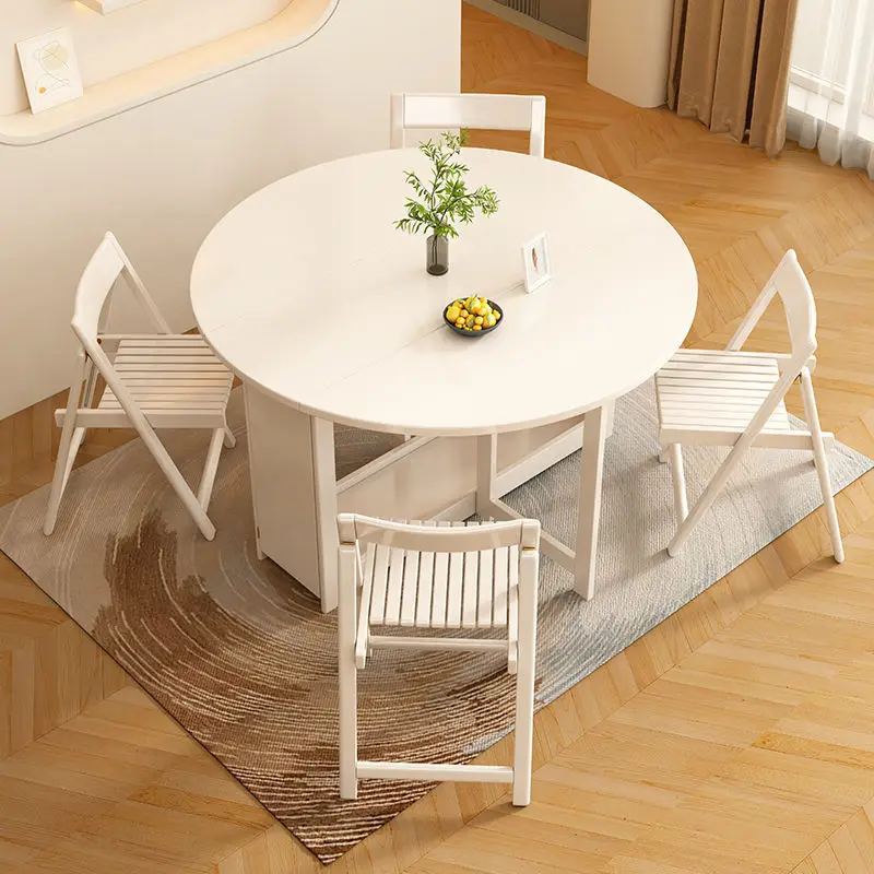 

Cream wind folding dining table small apartment retractable round table against the wall all solid wood storage type household