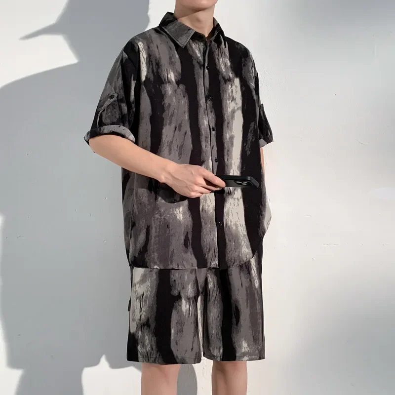 

Korean Retro Tie Dye Short Sleeved Men's Shirt Summer Fashion Shirt And Shorts Two-piece Set Y2k Loose Casual Men Clothing Set