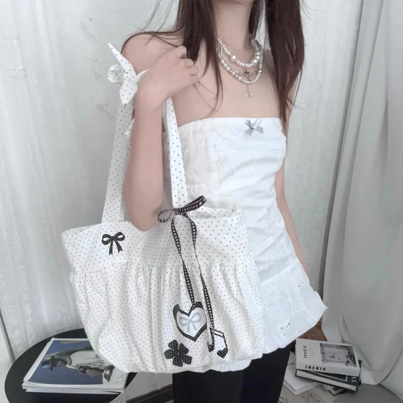 Korean Polka Dot Shoulder Bag Women's Nylon Tote Bag Cute Bow Love Note Printed Tote Bag Skirt Design Magnetic Buckle Armpit Bag image 3