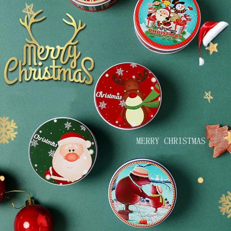 Christmas Candy Box Creative Round Metal Tinning Sugar Can Xmas Theme Gift Storage Boxes Iron Biscuit Can Home Storage Boxes