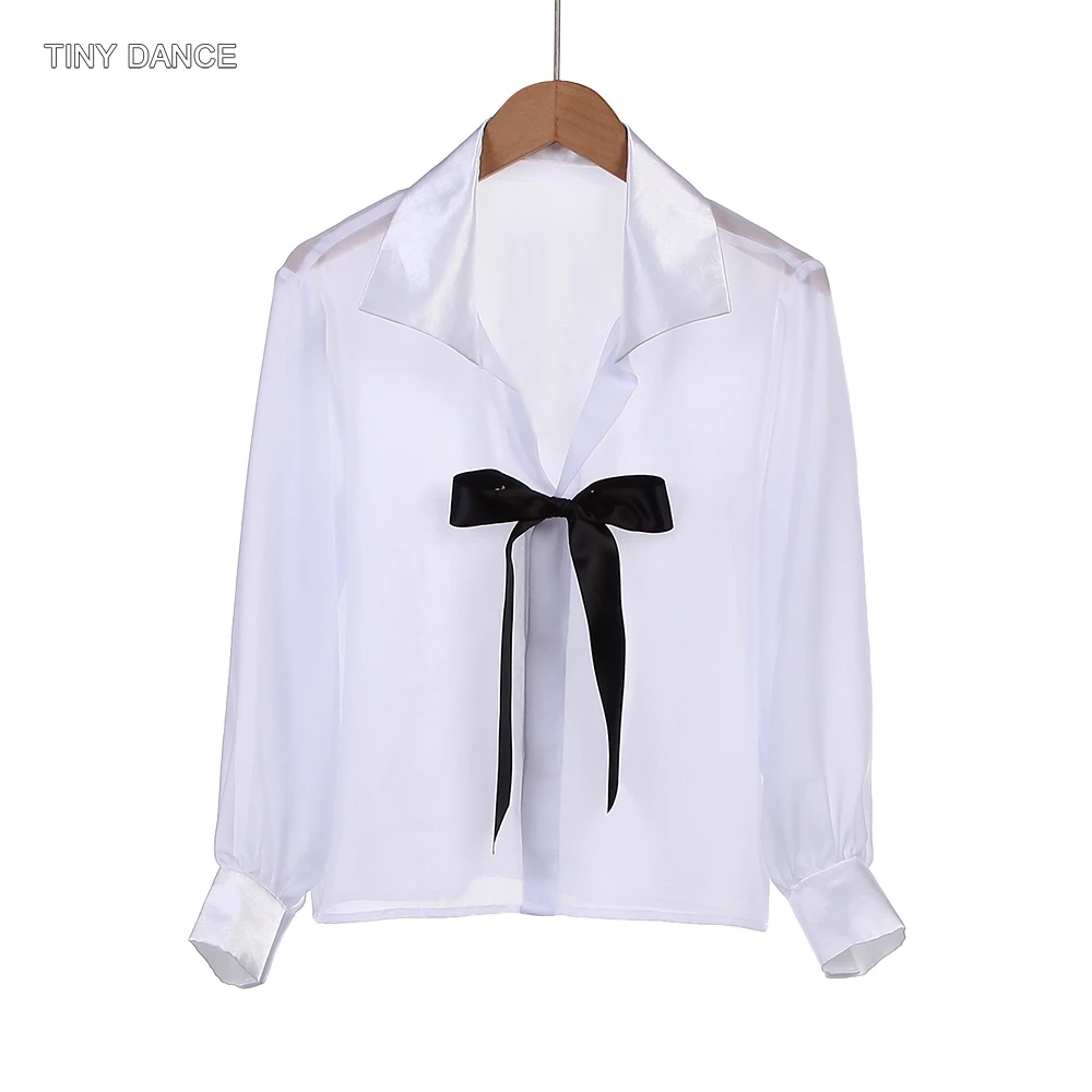 남성용 흰색 발레 댄스 셔츠, 검정색 리본 퍼포먼스 의상 상의, 앞면 리본 디자인 발레 공연복 26015