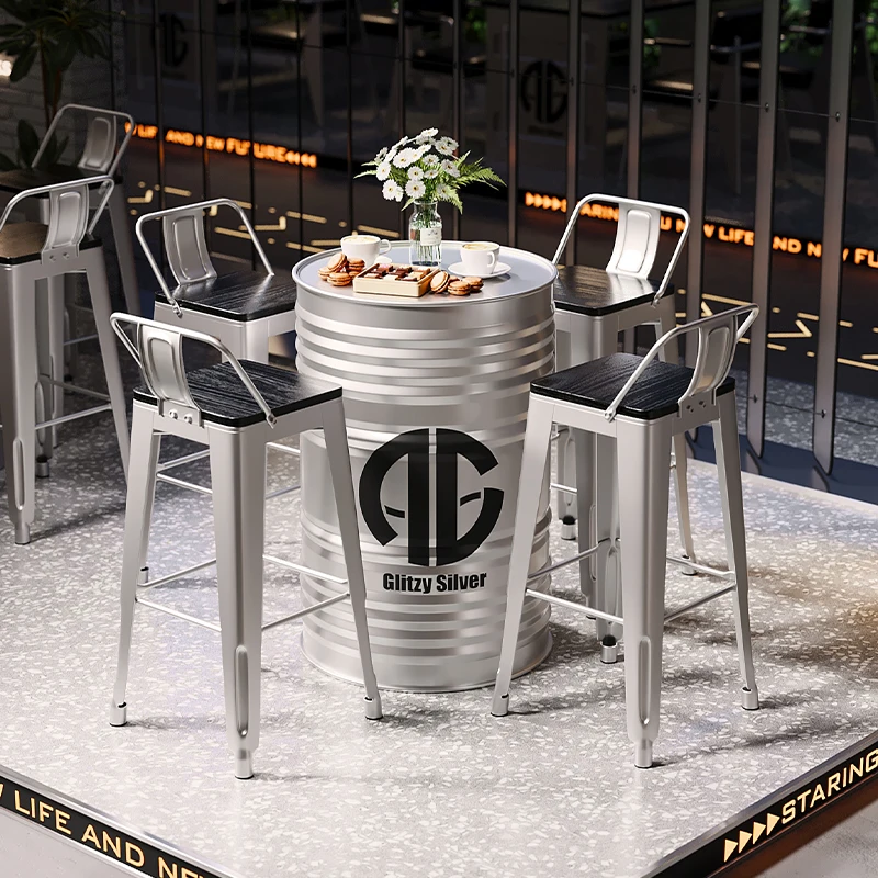 ‌Industrial Bar Table Set | Metal Stool with Oil Drum Base for Cafe & Pub - Rustic Iron Bistro Counter Height Chairs