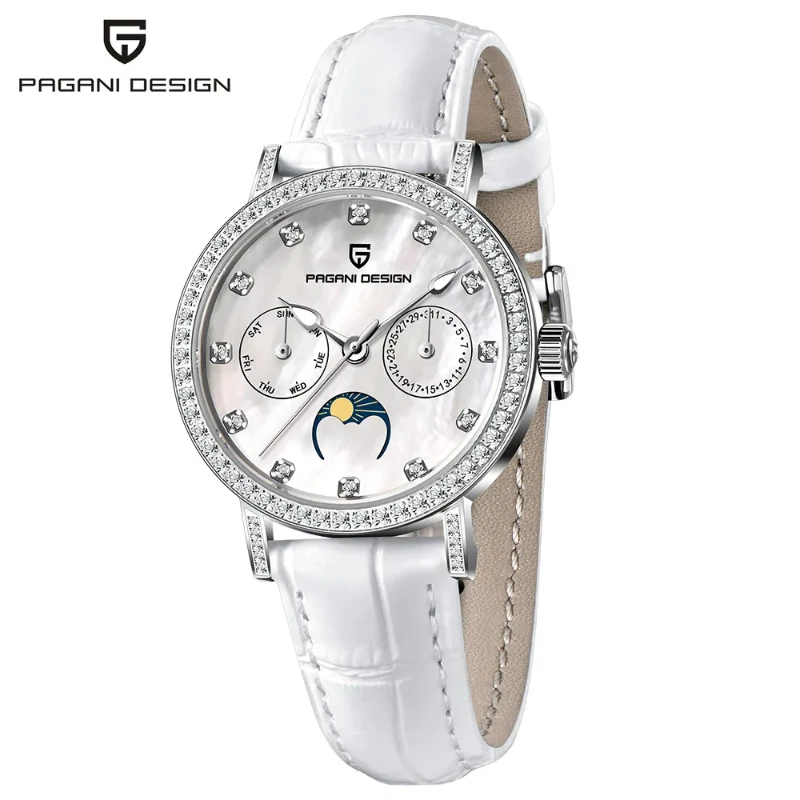 PAGANI DESIGN Women Quartz Watch Moon Phase Mother-of-Pearl Dial Crystal Bezel White Leather Strap Elegant Ladies Waterproof Wri
