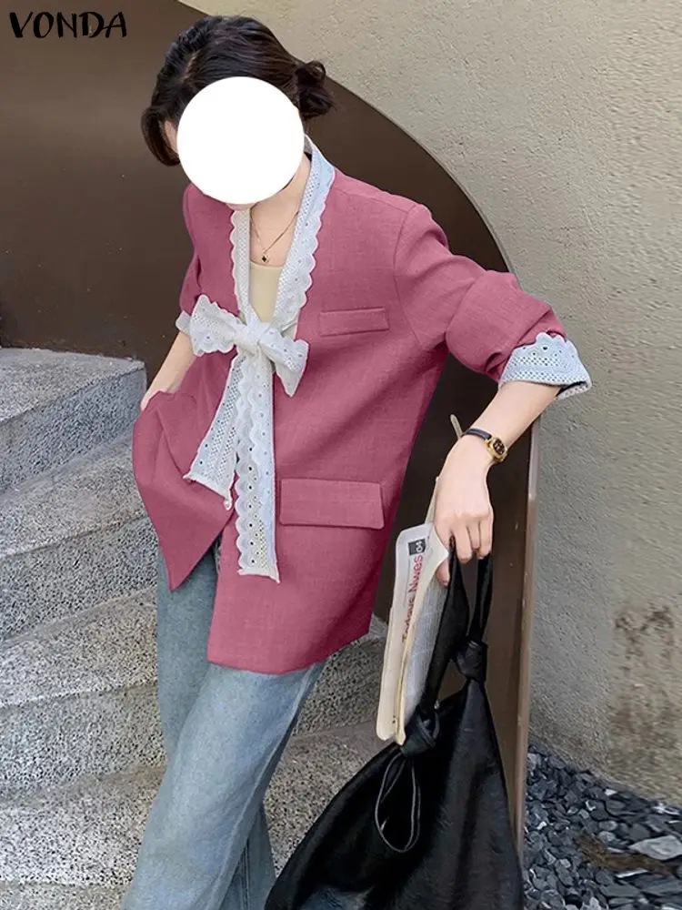 

VONDA женский корейский пиджак осенняя верхняя одежда с длинными рукавами кружевной воротник с бантом повседневное свободное модное пальто лоскутное элегантное OL пиджак