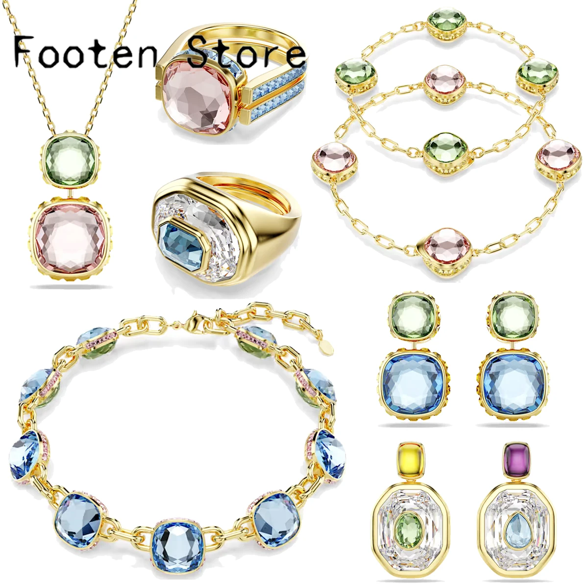 

2025 New Trend Fine Party Jewelry Sets Charming Green Pink Blue Water Drop Crystal Luxury Necklaces Earrings Ring Gift for Women
