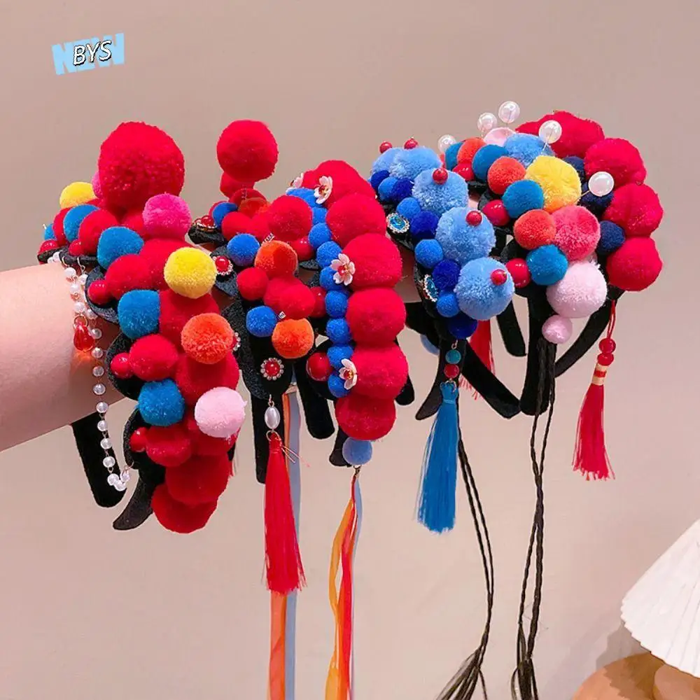 

Повязка на голову с кисточкой в Пекинской оперы, жемчужный костюм Тан, обруч для волос, головные уборы ханьфу, аксессуары для волос для девочек, плюшевый головной убор на китайский Новый год