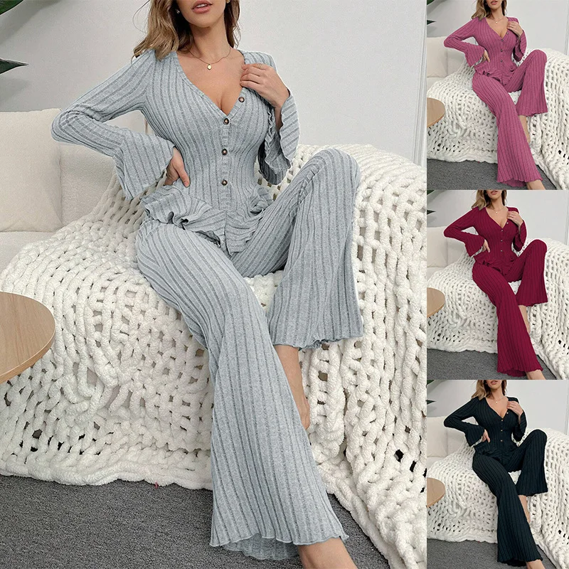 

Sexy Women's Sleepwear Autumn Winter Pajamas Sets Two Pieces V Neck Long Sleeve Tops Trousers Set Loungewear Loose Home Clothes
