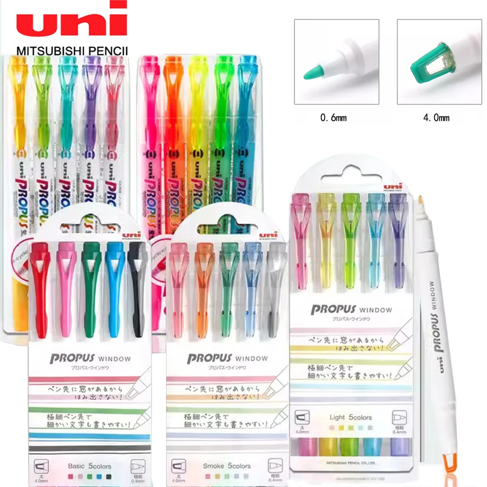 5Colors UNI Double-headed Highlighter Set PUS-102T PROPUS Visual Window Marker Pen Students Do Hand Account Note Stationery