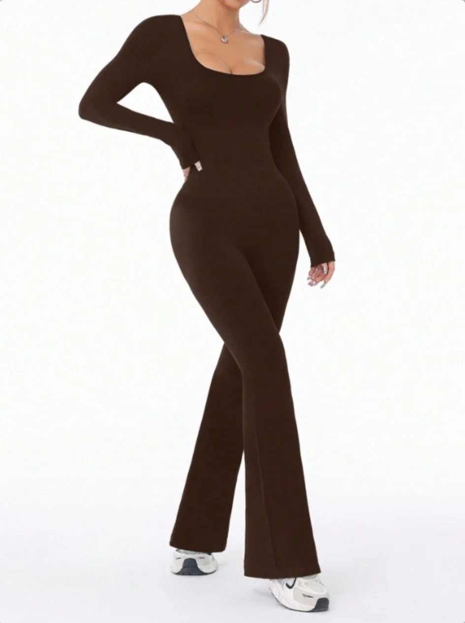 High quality solid color long sleeved compression exercise jumpsuit women's sportswear bell bottom pants sexy push up yoga set image 6