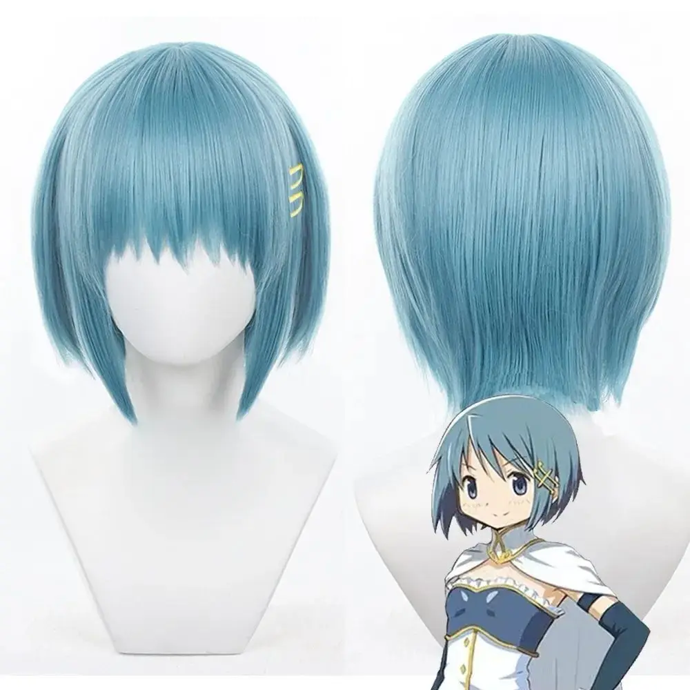 Madoka Magica Sayaka Light Blue Short Cosplay Wig, Pre-Styled Anime Wig with Scalp Effect Full Head
